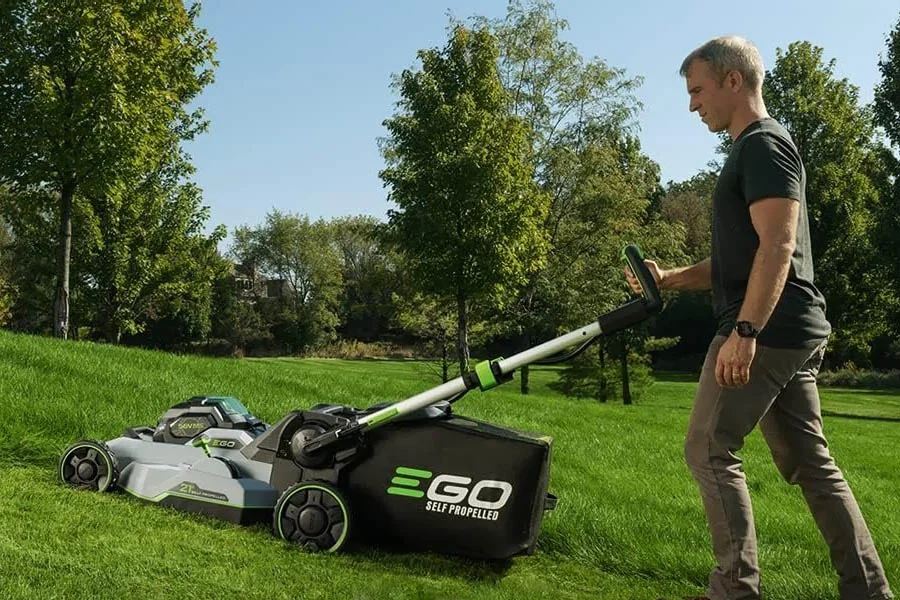 self-propelled electric lawn mower with battery and charger